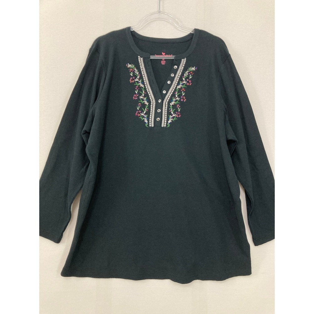 Woman Within Henley Top 1X or 22/24 Floral Embroidered Thermal Waffle Knit